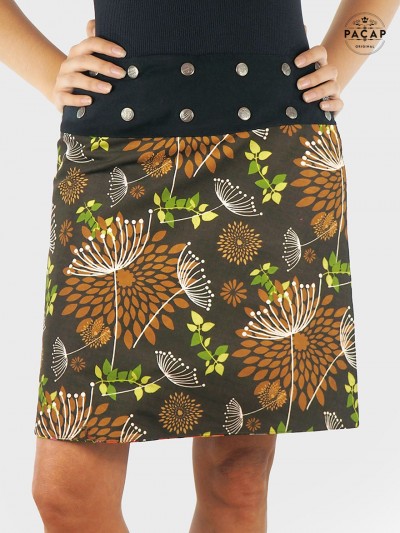jupe marron motif fleurs, jupe boutons, jupe été femme, jupe décontractée, plage vacances, marque francaise