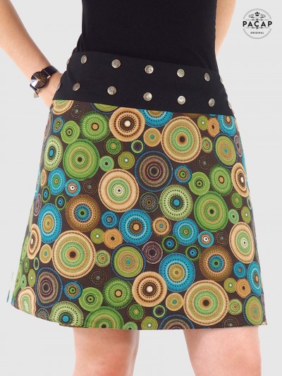 jupe verte, jupe marron motif ethnique mandala multicolore, jupe été, jupe femme, jupe africaine, tribal, coton