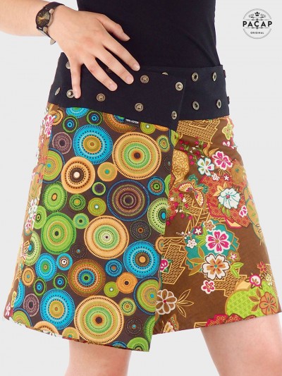 jupe réversible femme, jupe en coton imprimé block print indien, jupe été pas cher, jupe fendue enveloppe