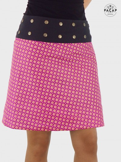 Jupe portefeuille rose pour femme coupe fendue et réversible en coton imprimé micro motif rose