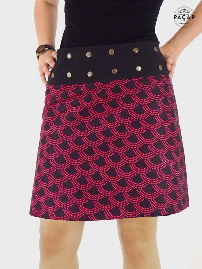 jupe noire motif pois rose ceinture ventre plat a bouton pression, jupe coton, jupe été femme, jupe rétro vintage
