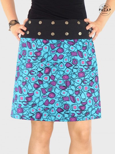 jupe bleue motif psychédélique pour femme, jupe ethnique, jupe été, jupe originale, jupe rétro vintage à bouton