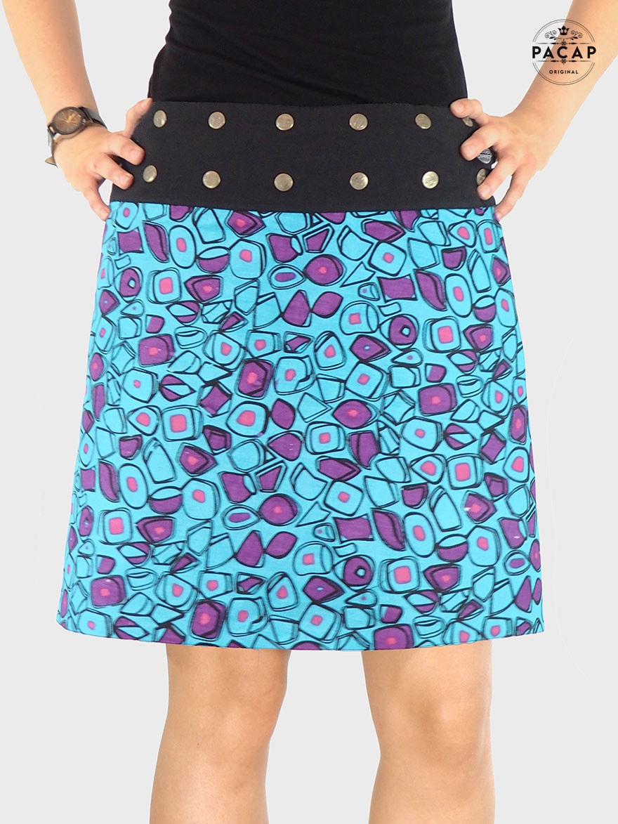 jupe bleue motif psychédélique pour femme, jupe ethnique, jupe été, jupe originale, jupe rétro vintage à bouton