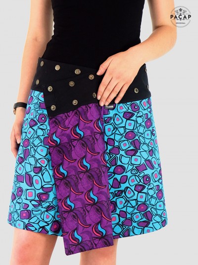 jupe réversible, jupe été imprimée bleu et violet, jupe taille haute avec motif abstrait, jupe portefeuille femme