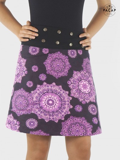jupe violette imprimé mandala femme, jupe portefeuille taille haute boutonnée devant