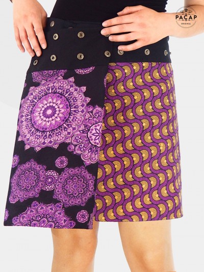 jupe ethnique femme , réversible, multi-taille imprimé japonais, mandala, boutonnée, portefeuille, fendue