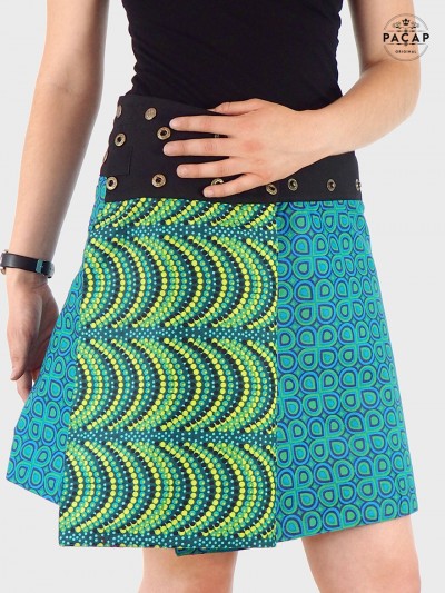 jupe verte réversible pour femme avec 2 faces, jupe wrap, jupe été, jupe boutonnée, jupe imprimé à pression