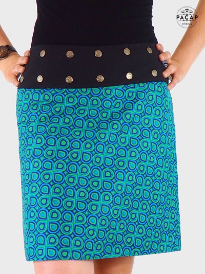 jupe boutonnée verte, jupe droite, jupe portefeuille, jupe motif block print, jupe taille unique reglable
