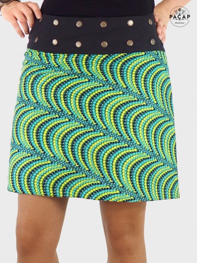 Jupe ethnique pois verte, jupe ikat, jupe tribal, jupe africaine verte, jupe été, jupe boutonnée portefeuille