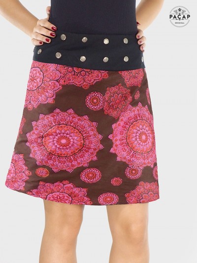 jupe trapèze rouge en coton motif mandala, jupe été pas cher pour femme, jupe ethnique