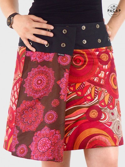 jupe ethnique rouge inspiration aborigène et australienne  taille réglable, jupe réversible, jupe rouge et rose