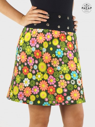 jupe été a fleurs multicolore, jupe florale, jupe marron femme, fleurs jaune, rose orange verte