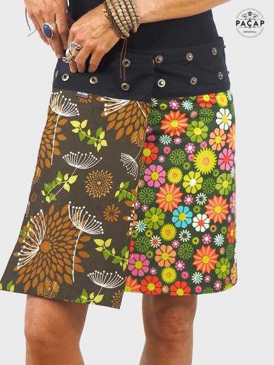 jupe marron portefeuille boutonnée motif a fleurs, jupe été wrap, jupe femme reversible, jupe enveloppe