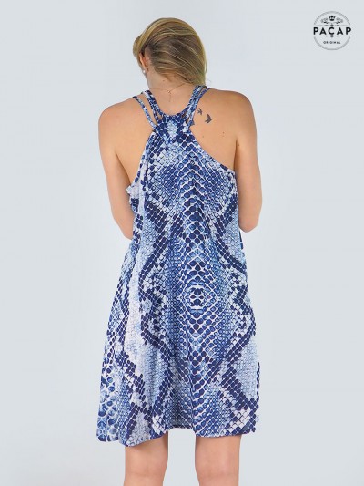 robe mini bleue, robe dos croisé, robe pas cher pour femme, robe sans manches, robe décolleté, robe été bleue