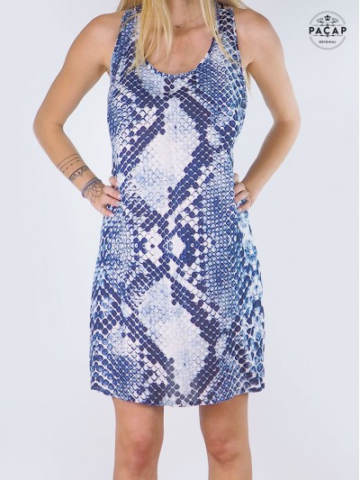 robe courte bleue, robe été bleue, robe bleue femme, robe bleue, robe sans manche, robe de plage, robe océan écailles
