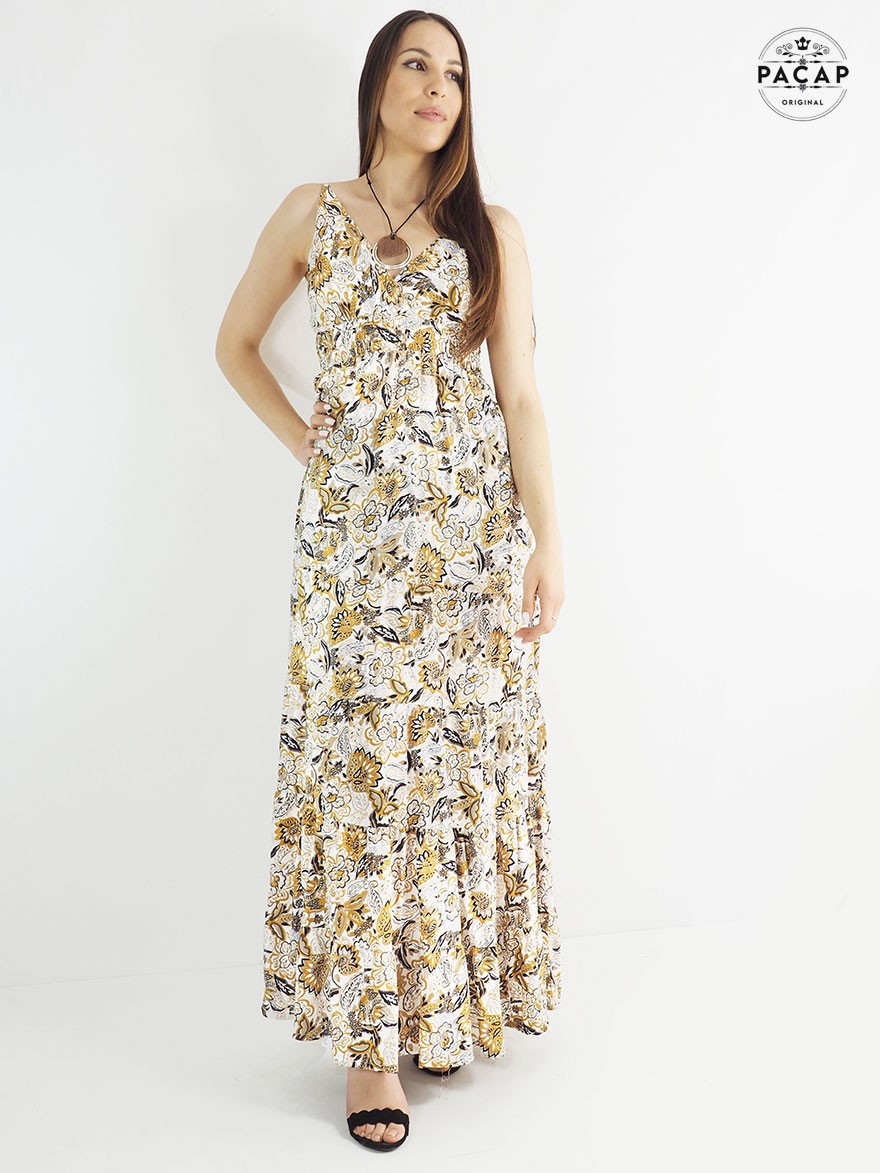 Robe longue blanche, robe paysanne a fleurs, robe d'été femme, robe florale, robe bohème, robe a volant