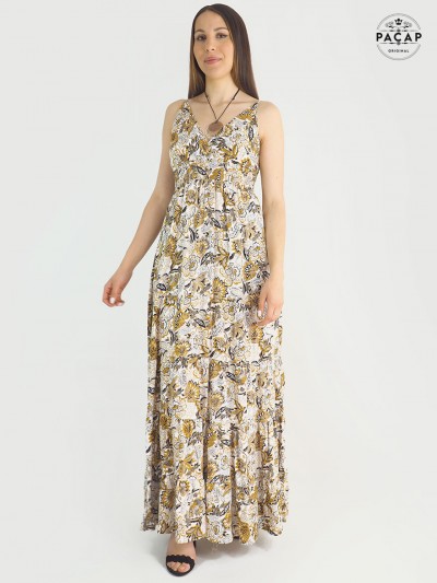 Robe longue dos nu smockée, robe à bretelles, robe blanche, robe fleurs verte, robe bandes, robe sans manche