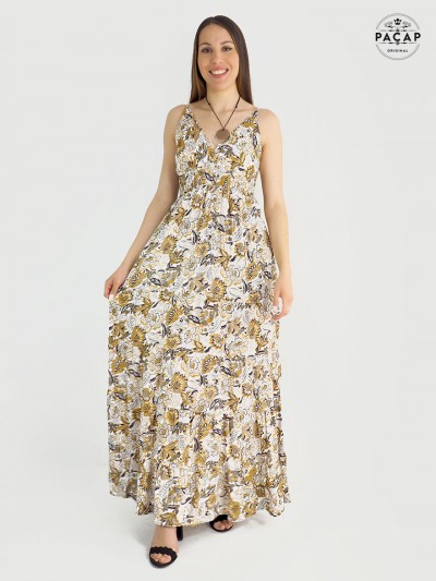 Robe Longue Paysanne Taille Unique Motif Champetre Floral - ASHLEY, robe sans manche, robe cache coeur, robe maxi blanche