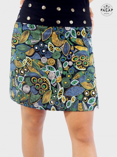jupe noire imprimé ethnique coloré motif ikat africain aborigène tribale, jupe eco-responsable