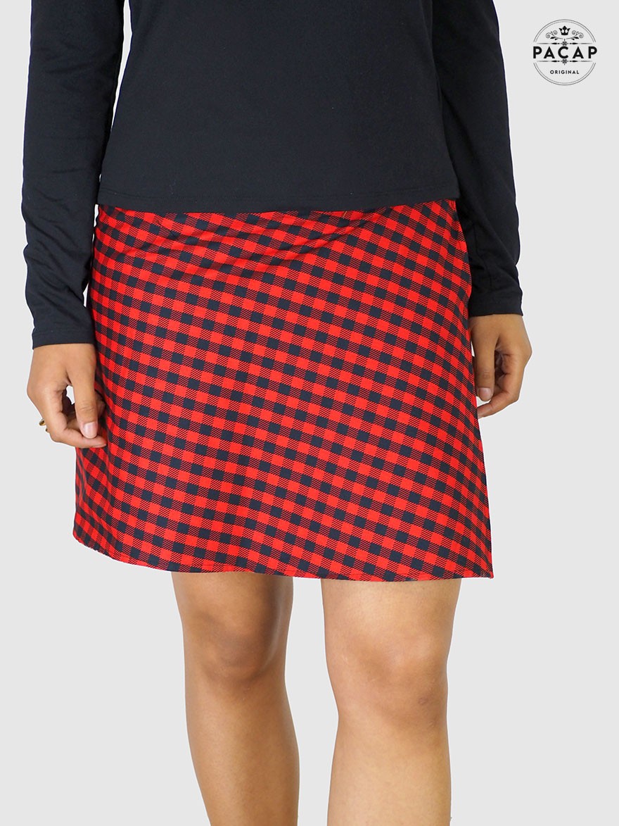jupe a carreaux rouge et noir pour femme, coupe droite, fendue, jupe coton reversible, jupe portefeuille genoux