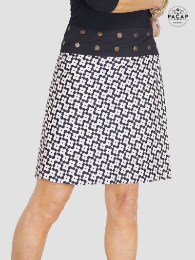 jupe noire et blanche, jupe fleurs, jupe femme, évasée, taille ajustable, coton, été, plage, grossiste vente gros