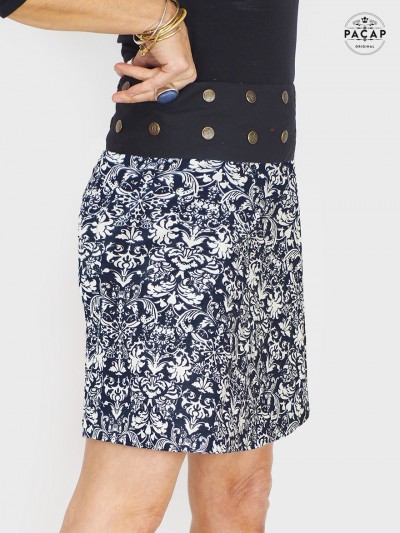 jupe bleu foncé femme portefeuille réversible, bouton pression, jupe genoux, jupe coton, jupe imprimée