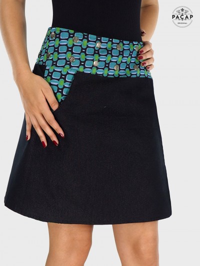 jupe évasée jean noir réversible à poche pour femme motif ethnique a carreau, jupe en jean pour femme