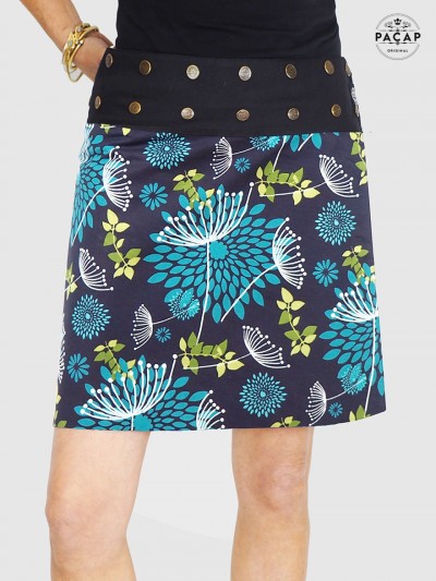 jupe bleue à fleurs, jupe droite mi-longue motif vegetale pour femme jupe boutonnée, jupe été plage