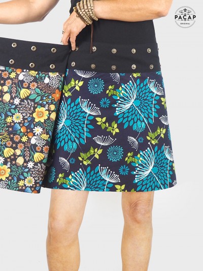 jupe réversible pour femme, jupe wrap a fleurs, jupe enveloppante en coton, jupe été boutonnée