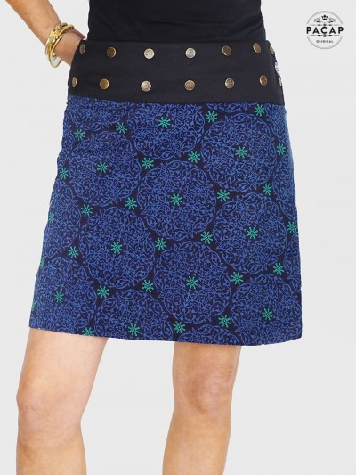 jupe mandala bleue, jupe noire africaine motif cercle bleu réversible taille unique jupe boho chic femme africaine