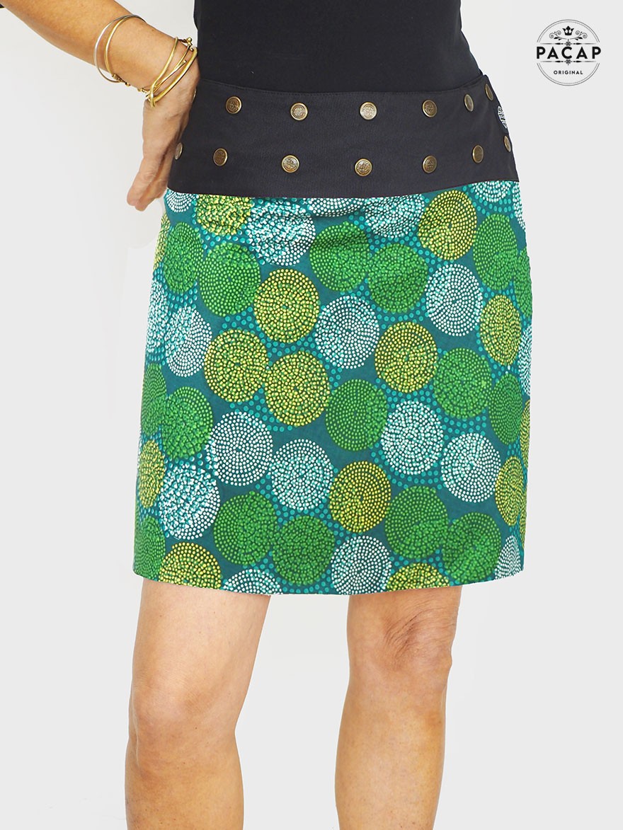 jupe verte pour femme, jupe a pois vert, jupe ethnique verte taille unique, jupe ceinture noire en coton jupe été