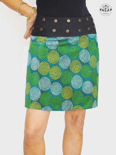 jupe verte pour femme, jupe a pois vert, jupe ethnique verte taille unique, jupe ceinture noire en coton jupe été