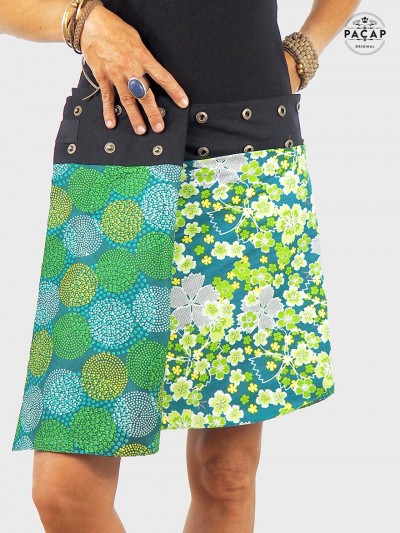 jupe verte réversible coupe évasée fendue, jupe été femme, jupe coton premium pas cher jupe wrap