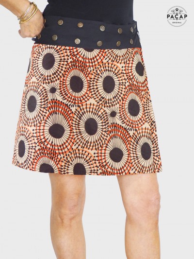 Jupe marron ethnique femme, jupe mandala, jupe africaine, jupe blanche, jupe marron boutonnée  réversible