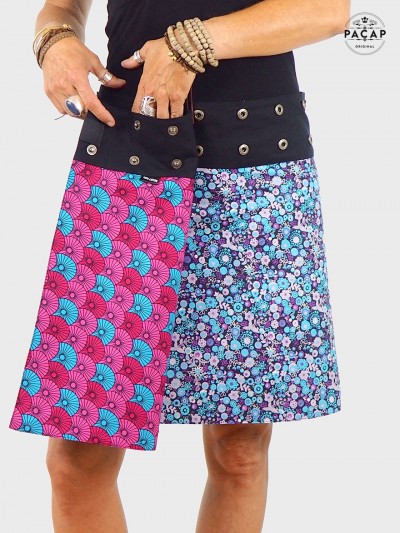 jupe liberty bleue réversible coupe fendue, jupe wrap , jupe enveloppe, jupe portefeuille bleue et rose