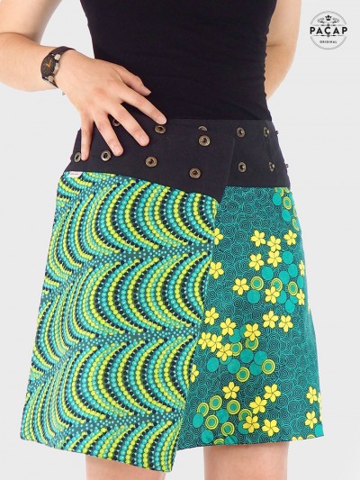 Jupe verte pour femme réversible, jupe verte portefeuille, jupe wrap, jupe boutonnée verte, jupe été femme