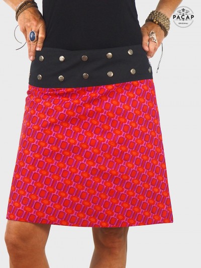 jupe rose fushia boutonnée motif a carreaux rouge pour femme taille unique coupe droite large ceinture noire bouton pression