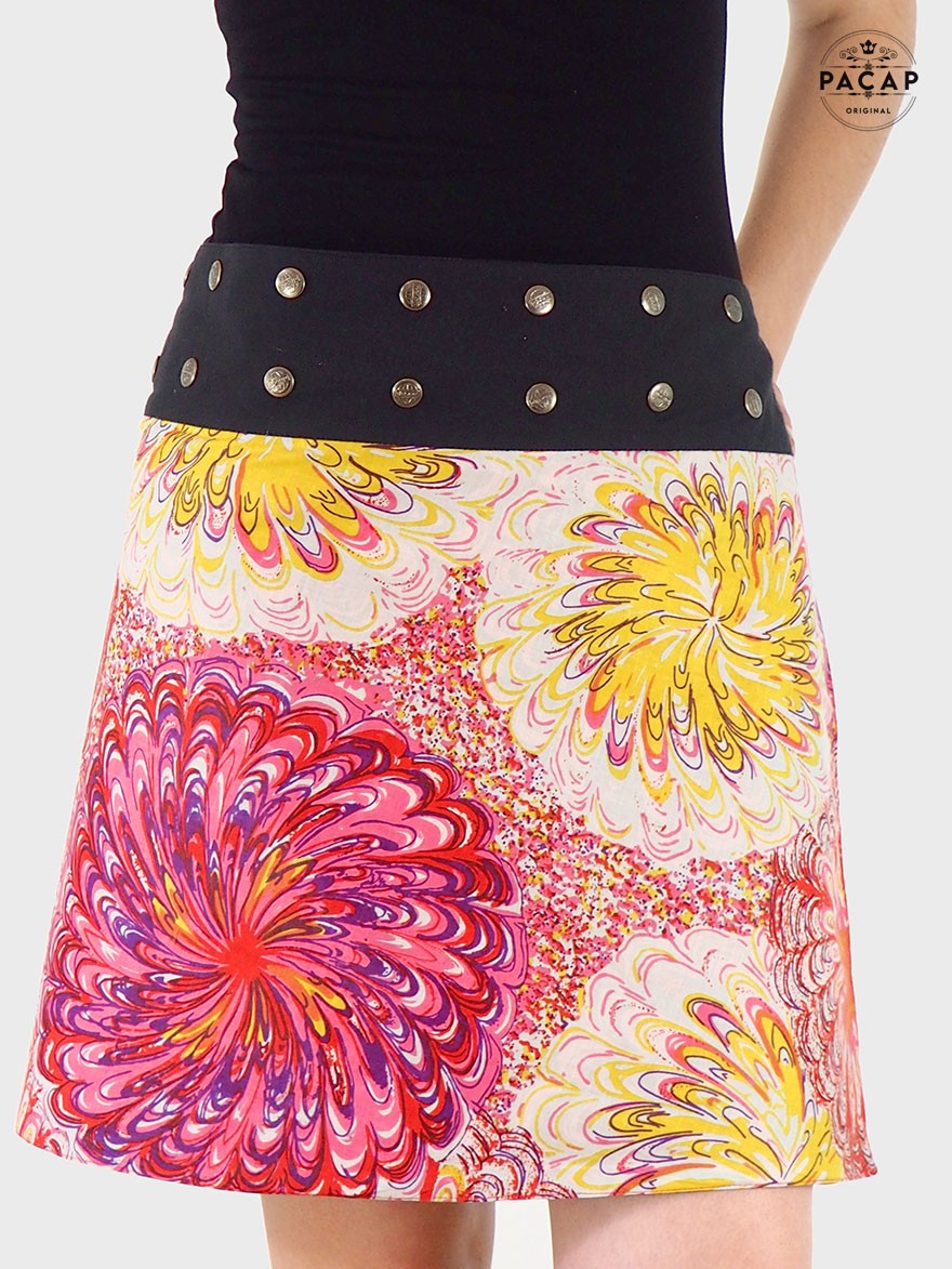 jupe florale femme, jupe a fleurs, jupe originale, jupe ethnique, jupe colorée, jupe été femme, jupe taille haute boutonnée