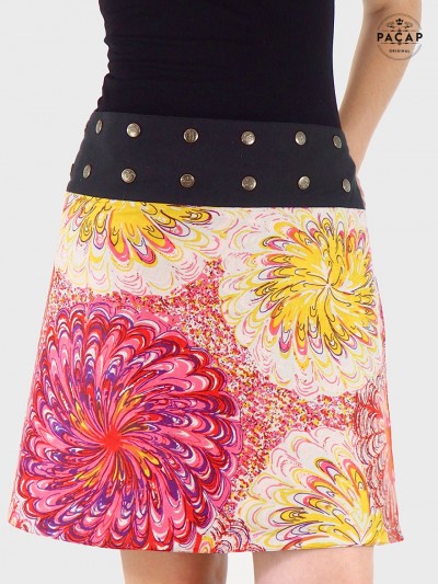 jupe florale femme, jupe a fleurs, jupe originale, jupe ethnique, jupe colorée, jupe été femme, jupe taille haute boutonnée