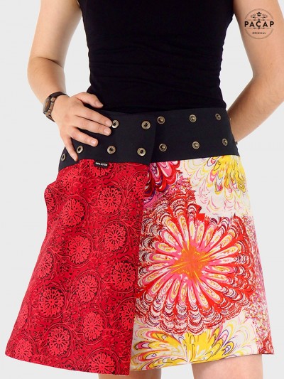 jupe rétro vintage motif floral psychédélique, jupe coloré, jupe motif rosace réversible, jupe fendue, jupe femme été