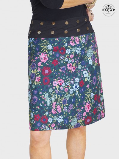 jupe noire a fleurs , jupe droite, jupe femme, jupe portefeuille, jupe longue, jupe bouton métal