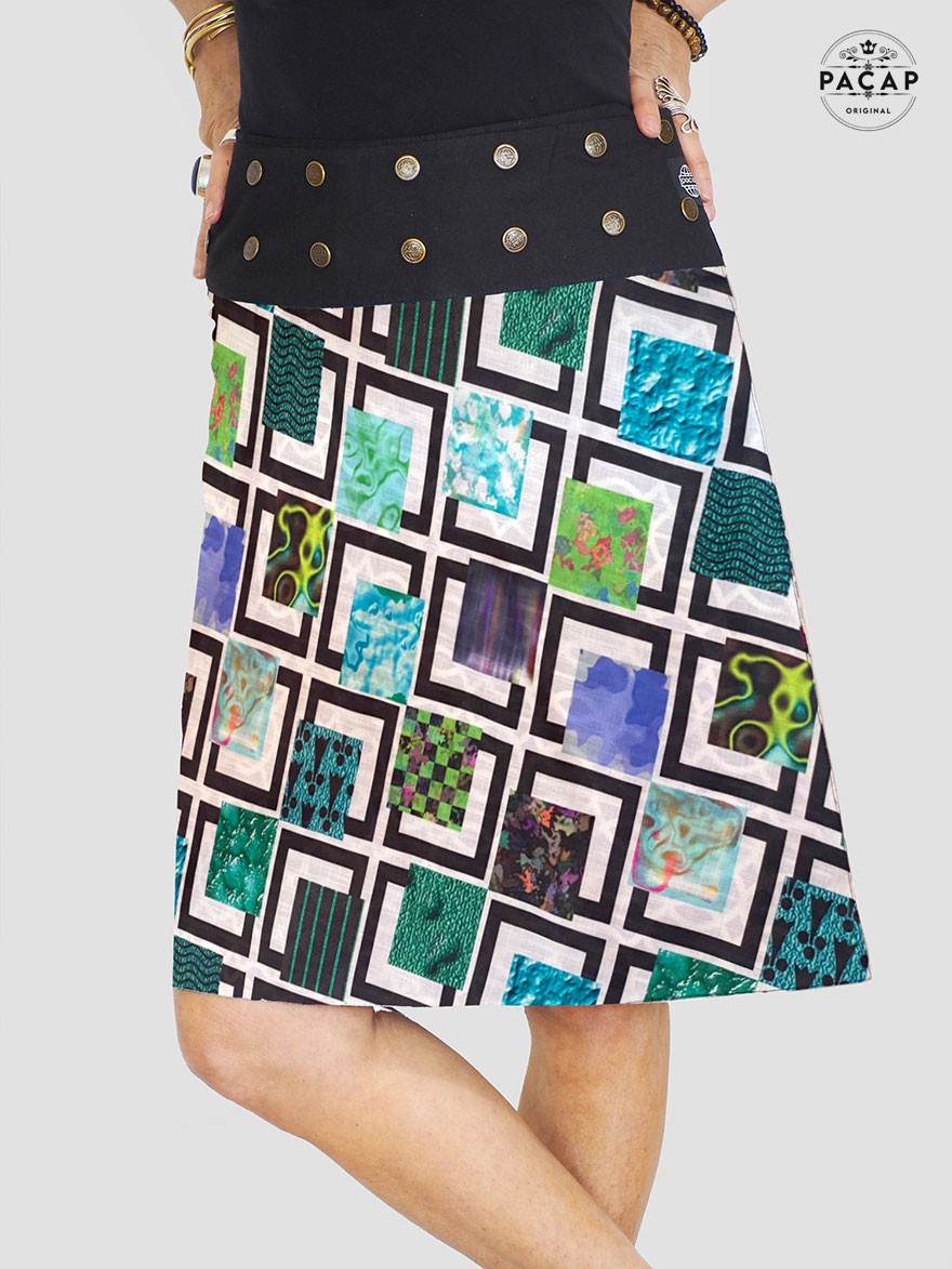 jupe ethnique, jupe carreaux, jupe patchwork, jupe originale, jupe à boutons pressions pour femme