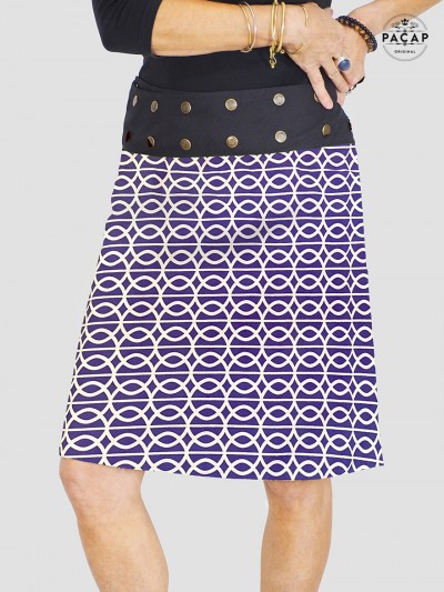 jupe bleue pour femme, jupe élégante pour femme, jupe bohème bleu et blanche, jupe motif géo