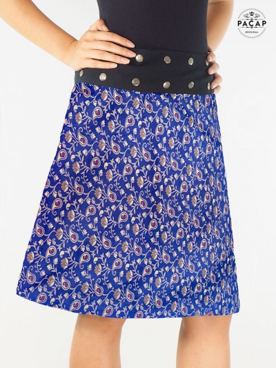 Jupe bleue cachemire ceinture boutonnée réversible, jupe wrap, jupe coton, jupe évasée bleue