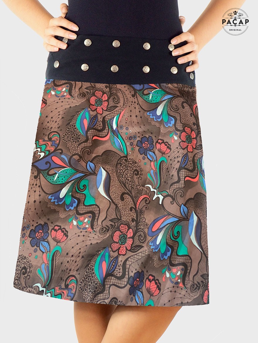 jupe marron a fleurs réversible coton imprimé ceinture taille haute boutonnée, jupe floral bohème