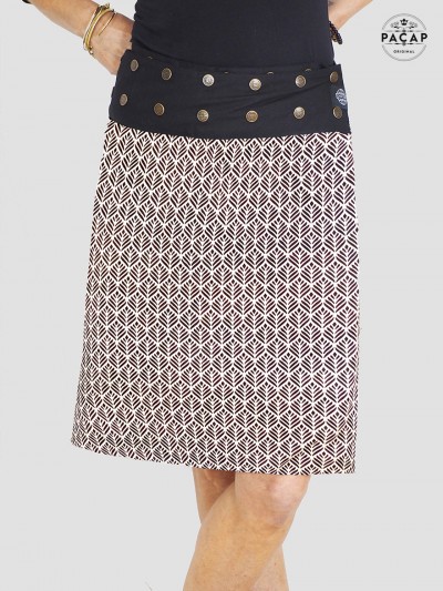 jupe longue noire et blanche, jupe ethnique, motif feuille, jupe boutonnée, jupe femme