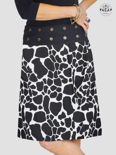 jupe longue noire et blanche, motif tache noire girafe , imprimé animal, jupe coton