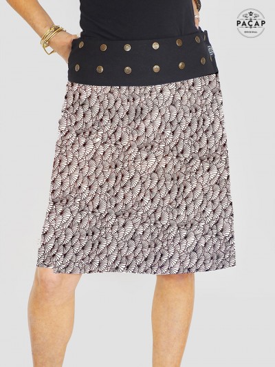 jupe longue en coton motif coquillages noir et blanc, jupe blanche et noire, jupe longue portefeuille femme
