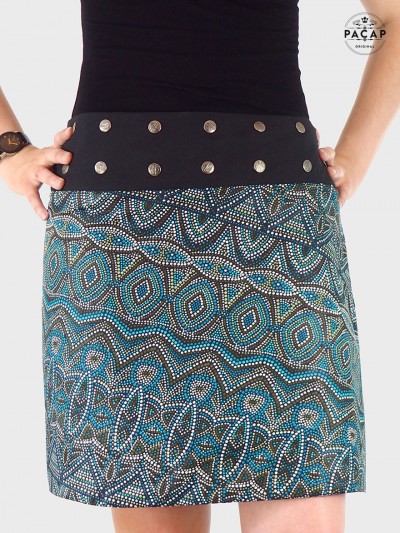 Jupe ethnique grande taille motif ikat petit pois, jupe aborigène pour femme ronde, jupe tribal boutonnée