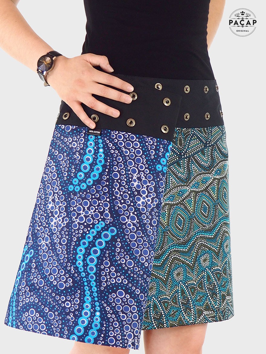 jupe ethnique grande taille réversible, jupe wrap boutonnée, jupe asymetrique fendue femme ronde